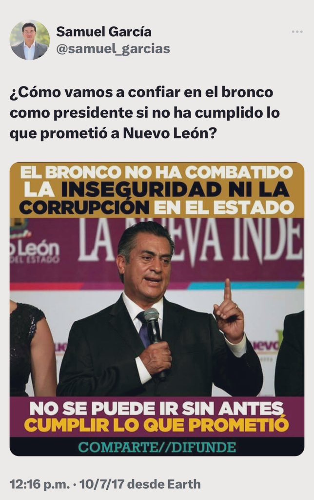 ¿Cómo vamos a confiar en <a href="/samuel_garcias/">Samuel García</a> como presidente si no ha cumplido lo que prometió a Nuevo León?

Samuel no ha combatido la inseguridad ni la corrupción.

No se puede ir sin antes cumplir lo que prometió.

COMPARTE//DIFUNDE