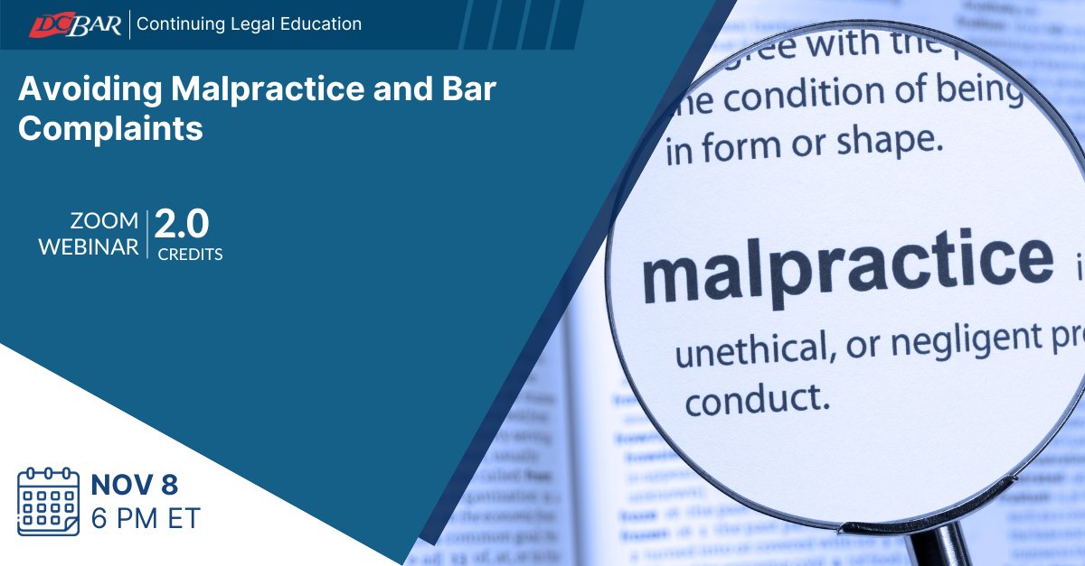 DC_Bar's tweet image. On November 8, learn daily practice and risk-techniques to help reduce the possibility of a bar complaint or malpractice claim being filed.  

Learn more and register: bit.ly/3QwqUQp

#CLE #legalmalpractice #legalethics