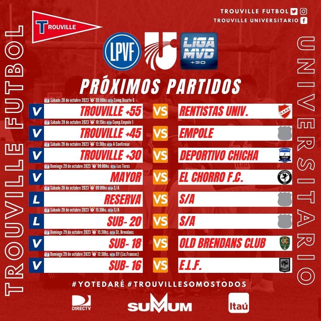 🔺️Fútbol ⚽️‼
Compartimos Actividad fijada para sábado 28 y domingo 29 de octubre en las categorías de <a href="/LUD_Oficial/">Liga Universitaria de Deportes</a>  <a href="/LPVFinfo/">LPVF</a> y <a href="/LIGA_MVD/">LIGA MVD</a>
.
#VamosLaRoja🔴⚽️
<a href="/ClubTrouvilleUY/">Club Trouville</a>
<a href="/CampoRojoUY/">Campo Rojo - Club Trouville</a>
<a href="/SummumUY/">SUMMUM</a>