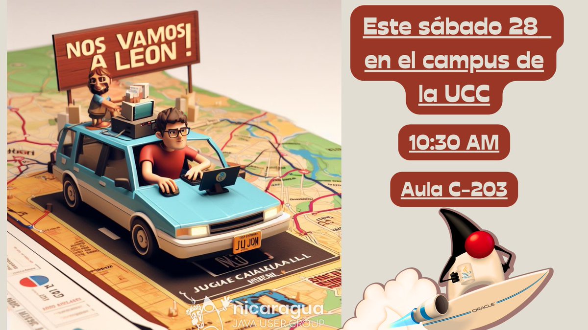 jugnicaragua's tweet image. Para todos los java interesados en León y cercanias, estaremos en la "CIUDAD UNIVERSITARIA" este sabado 28 en el campus de la UCC a las 10 AM.
- Aula C-203.
Link de registro:
meetup.com/jug-nicaragua/…
#jugEvents #javaComunidad #jugnicaragua