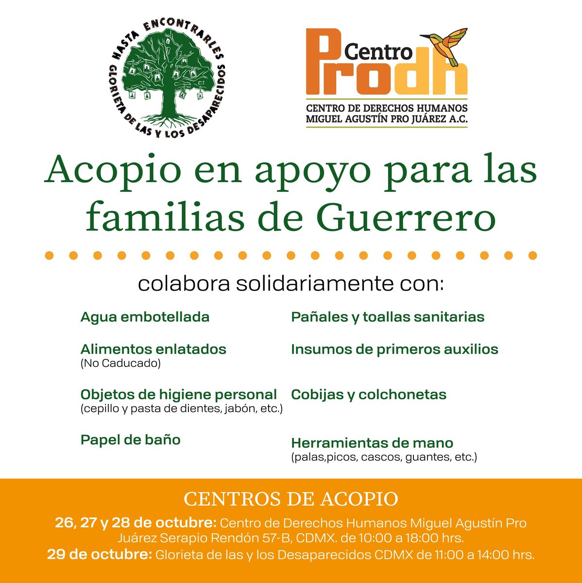 🤲 ¡Para todas las personas que deseen apoyar, les compartimos un esfuerzo de acopio organizado por <a href="/GlorietaMx/">Glorieta de las y los Desaparecidos</a> y <a href="/CentroProdh/">Centro Prodh</a> para ayudar a las familias de Guerrero! 🙌💕