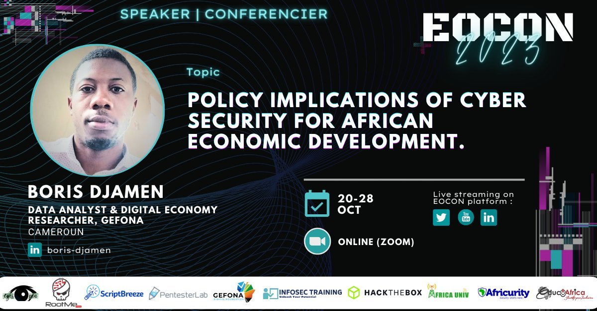🌐📢  Yesterday at #EOCON2023, one of our dedicated Gefona members, a brilliant researcher, delved into the fascinating world of cyber security and its policy implications for African economic development. 🌍💼

Live here: x.com/237hackers/sta…