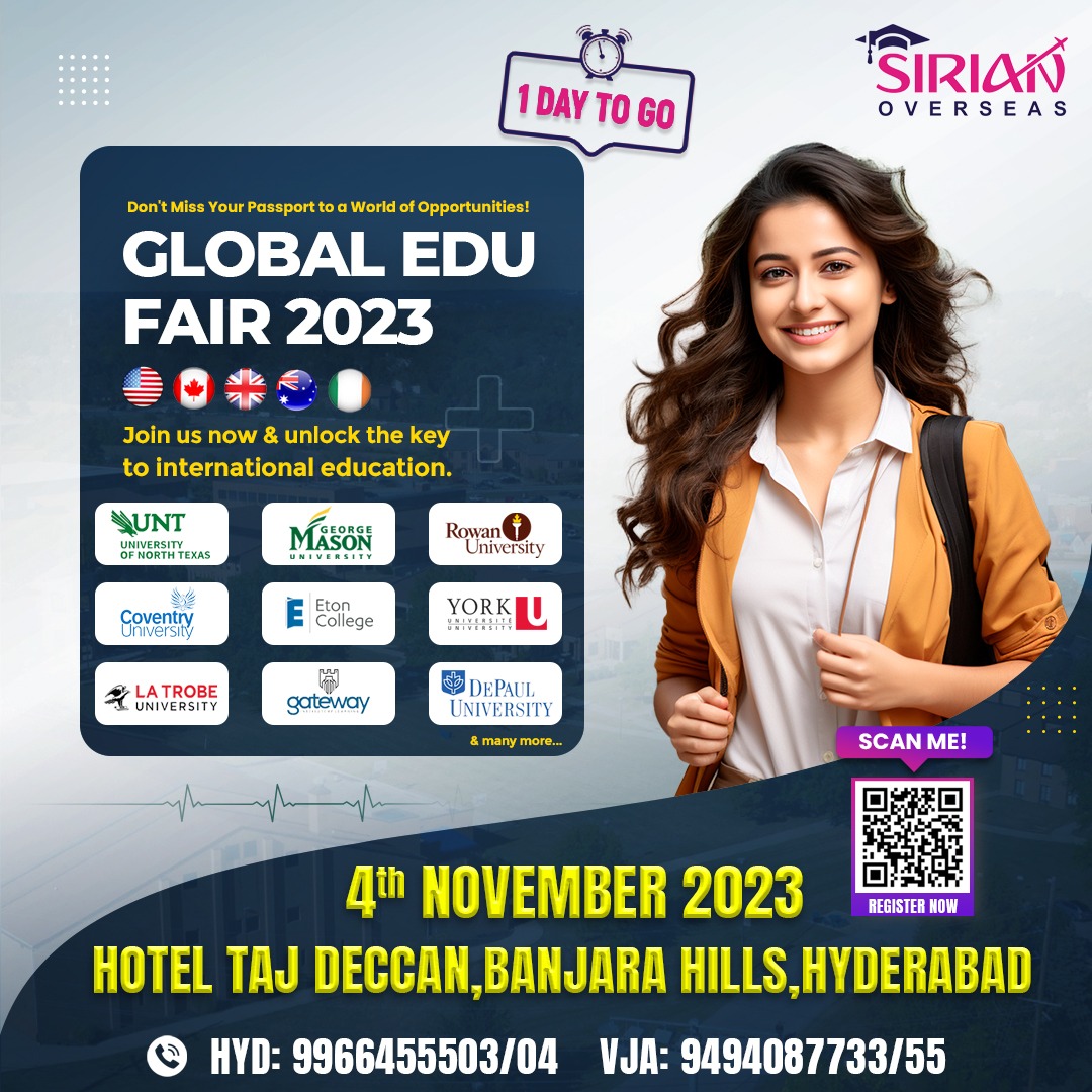 SirianOverseas8's tweet image. Dreaming of studying abroad? Join us at the Global Education Fair 2023.

just 24 hours away, and we can't wait to welcome you at Hotel Taj Deccan.

🔥FREE ENTRY for everyone!🔥

Register: sirianoverseas.com/edu-fair?campa… 

#sirianoverseas #globaledufair2023 #studyfair #educationfair