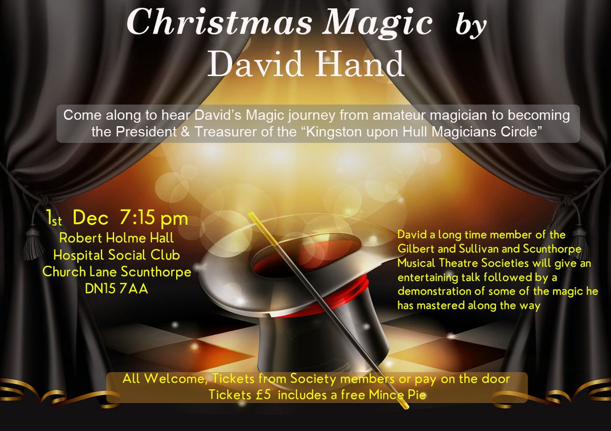 ⭐️🎄 CHRISTMAS SOCIAL 🎄⭐️

Come along to our christmas magic evening, where our very own David hand will be giving a talk on all things magic.

All Welcome 🎄⭐️🎄

Tickets are £5, they can be bought from any society member or on the door on the evening 

#officialsmts