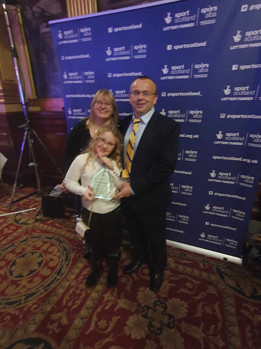 SteveSutton's tweet photo. Proud to win Volunteer of the Year at the @sportscotland COV Awards at Glasgow City Chambers last night.

Even more special enjoying it with @HelenL_Sutton &amp; my daughter L.

L joined me on stage &amp; was a superstar when interviewed, very proud parents!

@WestquarterPrim 
@WPS_P5Q https://t.co/6fvM5kNdNU