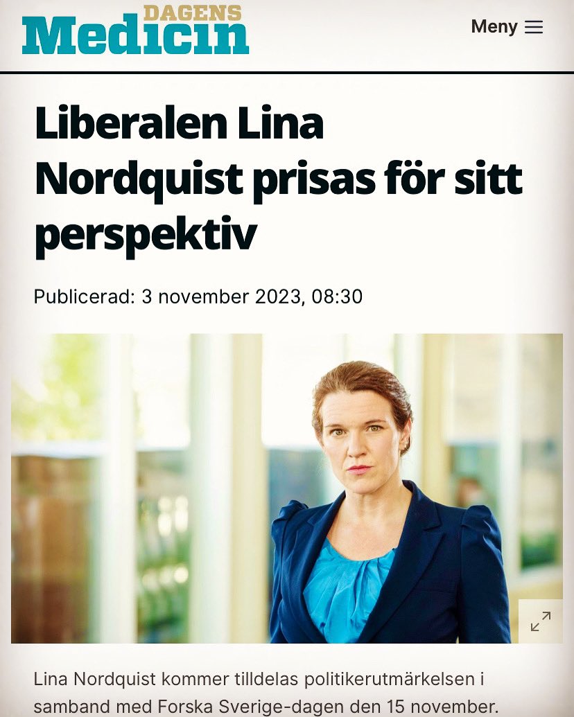 TACK. Så hedrad! 🥇 💫 Och beslutsam. 
Förmodar att jag inte får det här priset av Forska!Sverige för att de vill att jag ska pensionera mig. Lovar att jobba hårt för att fortsätta göra mig förtjänt av det.

dagensmedicin.se/vardens-styrni…
