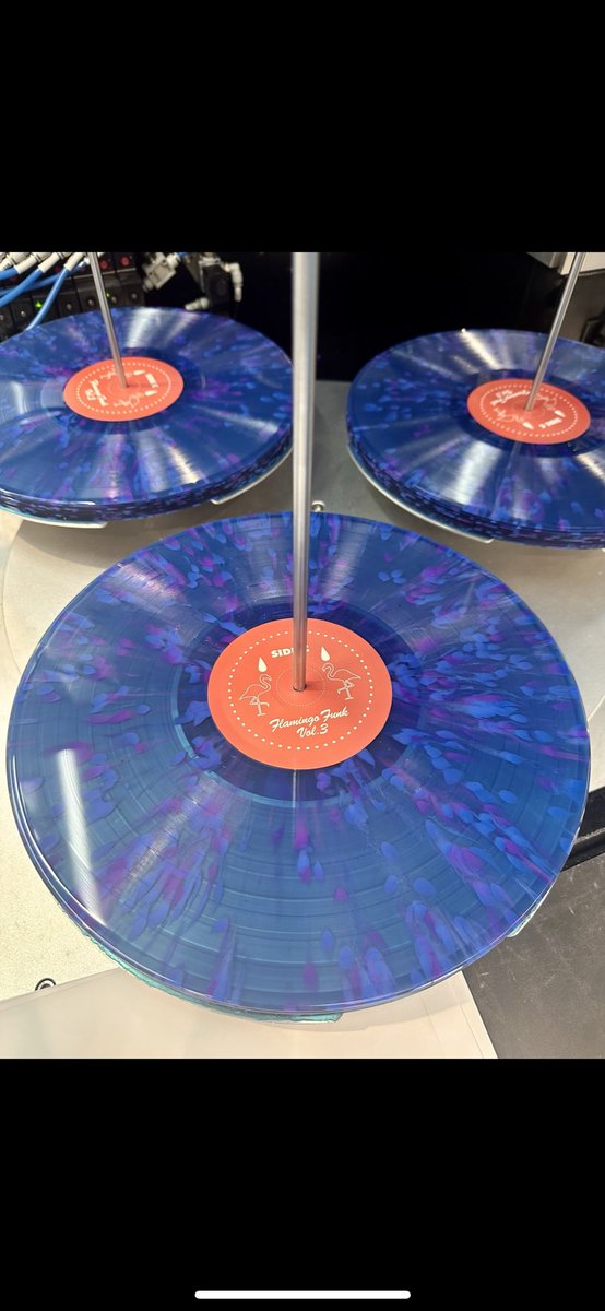 Before, during and after! 🎉 

@MyPetFlamingoUK 

#splatterdisc #manufacturing #purplevinylrecord #vinylrecord #pressingplant #vinylrecordfactory #pressrecord
