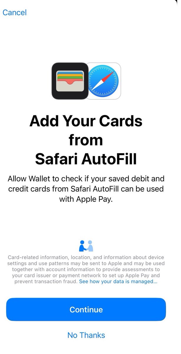 Tech_Arrival's tweet photo. Apple may be testing Apple Pay in India. Just got a notification to add cards saved in Safari autofill to autopay. 

Although it was unable to add them, now in the wallet app, it is showing the "add credit/debit card to wallet" button. 

#Apple #ApplePayInIndia #ApplePay #UPI https://t.co/o9H7eAJV3k