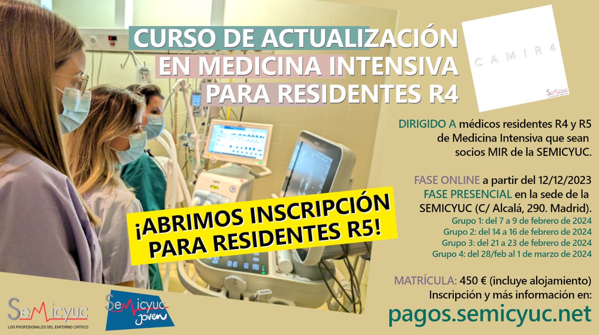 semicyuc's tweet photo. ✅Nuestros R5 lo han pedido y ya es posible ¡Abrimos inscripción en el curso #CAMIR4! Los socios R5 que lo deseen pueden inscribirse también al Curso de Actualización en Medicina Intensiva para R4. ¡Será solo en esta edición! ¡No te quedes sin plaza!
👉https://t.co/HpPooyMEWT https://t.co/cC6ZzC4Ppf