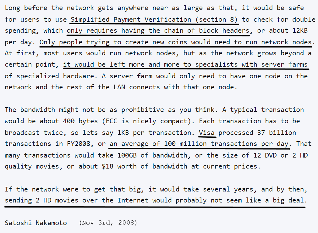 Nov 3rd, 2008, #Satoshi Nakamoto explained #Bitcoin could scale like VISA using #SPV [1], an underrated section of the Bitcoin #whitepaper.

Btw., BSV has shown that Satoshi was right. x.com/WolfgangLohman…

[1] bitcoin.com/satoshi-archiv…