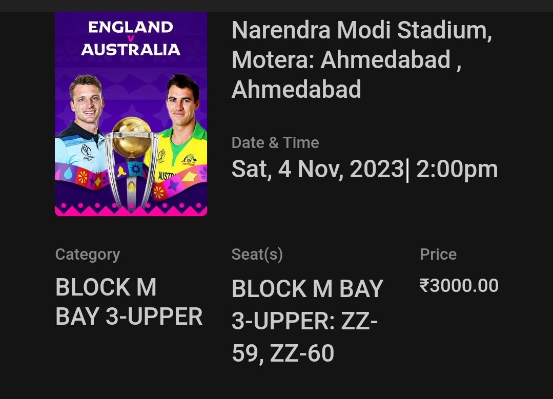 LotyaPathan's tweet photo. Giving away 2 England v Australia tickets for free in Mumbai H2H. Unable to reach the venue in time. 
#EngVAus 
#ICCCricketWorldCup23 https://t.co/rG3eLh8Mjj