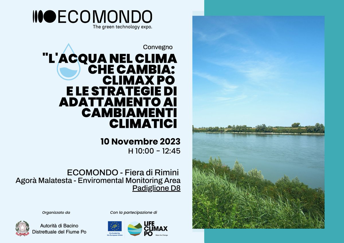 Il #cambiamentoclimatico sta  mettendo a dura prova la risorsa idrica nel distretto del fiume Po. 
Domani 10 novembre a #Ecomondo23, un convegno per discutere di strategie di adattamento. #LIFEClimaxPo.

(segui⬇️)
ecomondo.com/eventi/ecomond…