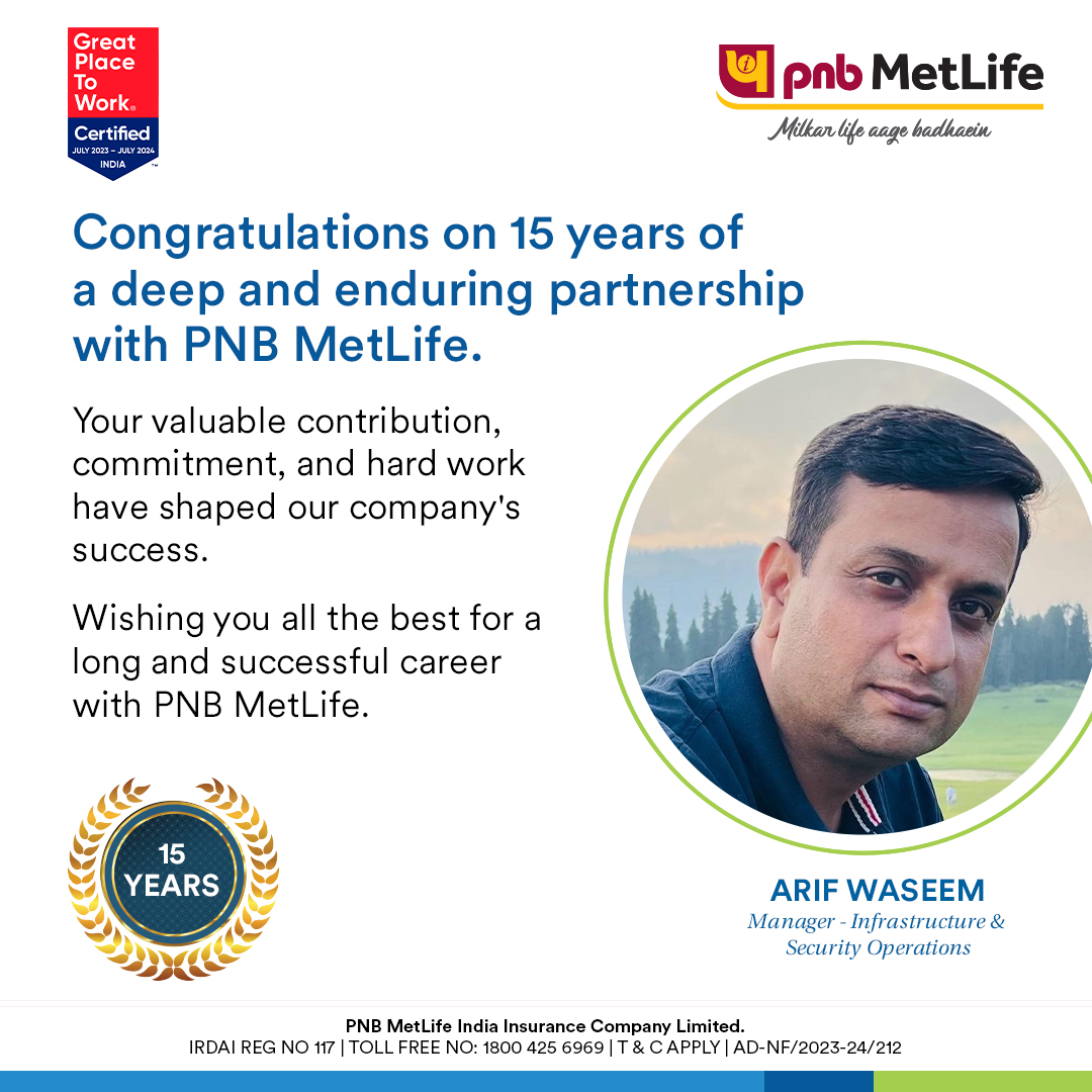 PNBMetlife1's tweet photo. 15 years of Safeguarding Excellence!
Celebrating Arif Waseem's 15 years of dedicated service as Manager in Infrastructure & Security Operations.
Disclaimer: https://t.co/lzRAZiMUiP
#PNBMetLife #MilkarLifeAageBadhaein #KaroBadeSapnoKiTayyari #LongServiceAward #15YearsOfService https://t.co/UBPhKzG5YC
