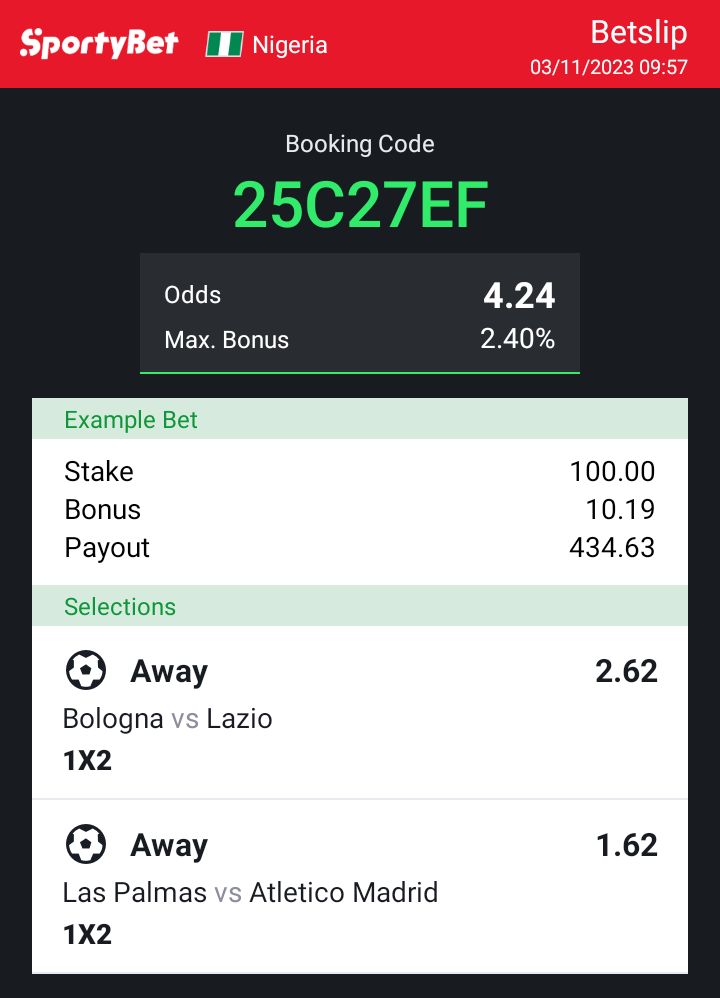 As easy as that
4 odds
Boom 💥💥💥💥
Bet responsible 🔞🔞🔞🔞
@Ekitipikin @bossolamilekan1 @jujupunter @MistaFelix @clarkwhitesiver #SportyBet
@Ariwodo_ @Kingkuti @jaredadcrypto @Davidspredict @delesharkk1 @Loveb3rds @Morayoorr @Mrbankstips @MRCLARK_EN @pink_girrll @RealSuzzane