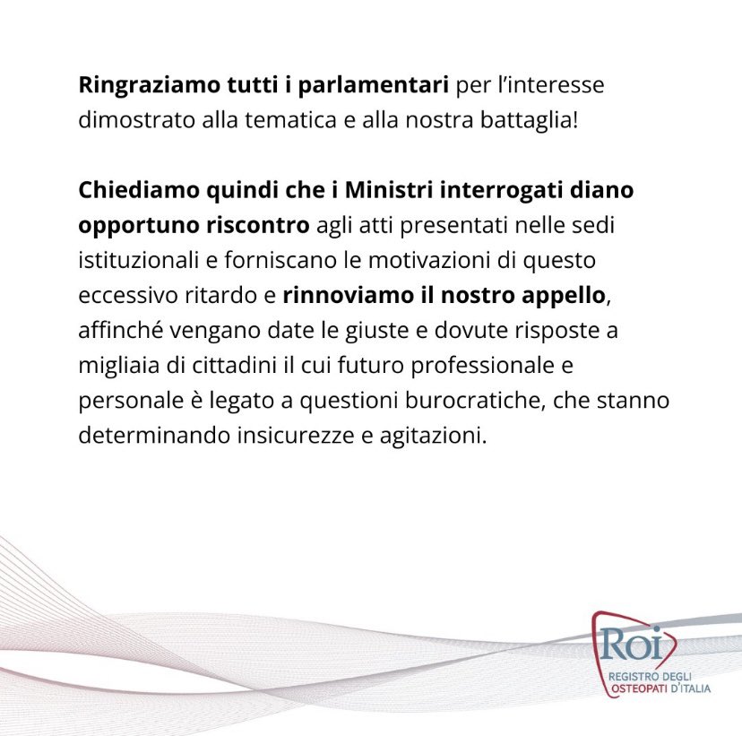 Rinnoviamo il nostro appello, gli osteopati chiedono risposte!
#decretosubito #osteopatiaprofessionesanitaria

@mur_gov <a href="/BerniniAM/">Anna Maria Bernini 🇮🇹</a> <a href="/MinisteroSalute/">Ministero della Salute</a> <a href="/marcellogemmato/">Marcello Gemmato 🇮🇹</a> <a href="/pirroelisa/">Elisa Pirro</a> <a href="/Ileniamalavasi/">Ilenia Malavasi</a> <a href="/szampa56/">Sandra Zampa</a>
