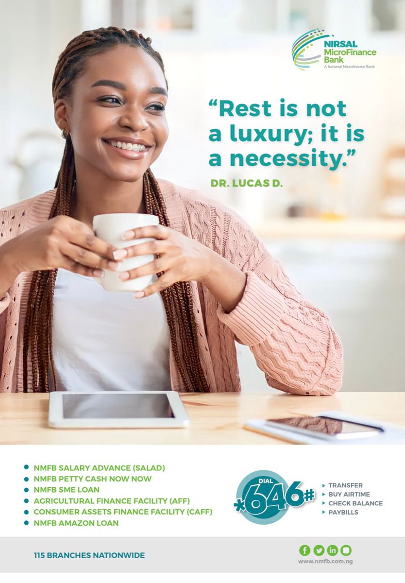 NirsalMFB's tweet photo. Sometimes, all you need for a breakthrough is a break. Take some time to think it through, and enjoy your weekend. 😉 #nigeria #tgif #nmfbcares #easilyaccessible https://t.co/uQ7xVM0kfP