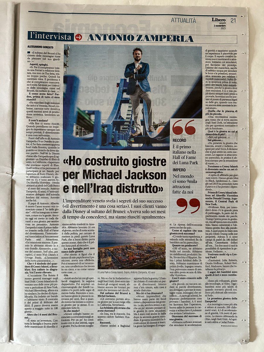 Zamperla Group (@zamperlarides) on Twitter photo Le origini, gli aneddoti, le sfide, i successi, i progetti futuri.
Ne parla Antonio Zamperla intervistato da Alessandro Gonzato per l'articolo uscito oggi su <a href="/Libero_official/">Quotidiano Libero</a>.
#Zamperla #Zrides #ZCoasters Le origini, gli aneddoti, le sfide, i successi, i progetti futuri.
Ne parla Antonio Zamperla intervistato da Alessandro Gonzato per l'articolo uscito oggi su <a href="/Libero_official/">Quotidiano Libero</a>.
#Zamperla #Zrides #ZCoasters