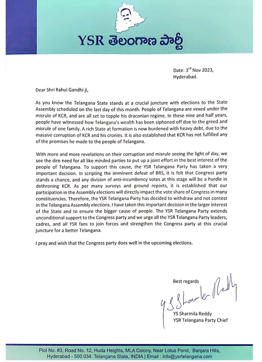 @YSRTelangana backs out of poll race, YSRTP President @realyssharmila has announced her for full support to Congress in the upcoming #TelanganaAssemblyElections2023