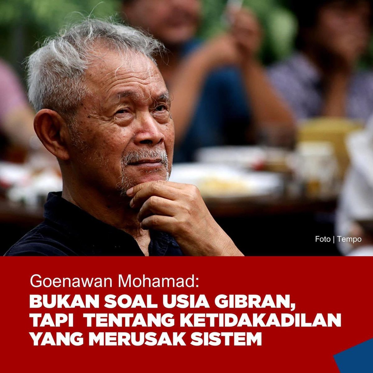 KakekHalal's tweet photo. Majunya putra sulung Presiden Joko Widodo yakni Gibran Rakabuming Raka mengecewakan publik.

Menurut budayawan Goenawan Mohamad kekecewaan publik karena adanya dorongan untuk maju sebagai bakal calon wakil presiden usai Mahkamah Konstitusi mengabulkan sebagian batas usia capres-cawapres. Goenawan mengatakan putusan ini tidak mungkin tanpa campur tangan Jokowi.

Goenawan menegaskan kekecewaan publik bukan soal usia Gibran yang masih muda untuk maju sebagai bacawapres, melainkan ia melihat ada ketidakadilan. Hal ini menjadi berbahaya ketika ketidakadilan merusak sistem kehakiman. Apalagi Gibran baru berpengalaman menjadi Wali Kota Surakarta selama dua tahun dan masih perlu diuji dalam pertaruhan politik lainnya. Misalnya, sebagai Gubernur atau Menteri.

Goenawan juga mengkritisi terpilihnya putra bungsu Jokowi yakni Kaesang Pangarep menjadi Ketua Umum PSI. Menurutnya, tidak mungkin Kaesang bisa tiba-tiba menjadi ketum tanpa melalui proses jika bukan seorang anak presiden. Goenawan menilai langkah tersebut salah.