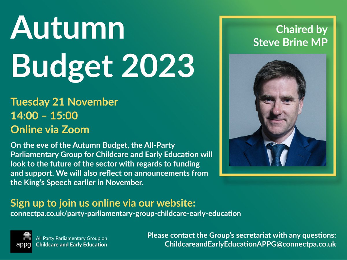 🟩APPG MEETING - 21/11🟩

Our next meeting will look ahead to the #AutumnStatement. Speakers include:

• Greg Smith MP <a href="/gregsmith_uk/">Greg Smith MP</a> 
• Purnima Tanuku OBE <a href="/NDNAtalk/">NDNA</a> 
• Eleanor Ireland <a href="/NuffieldFound/">Nuffield Foundation</a> 
• Sarah Ronan <a href="/SarahRonan_/">Sarah Ronan</a> 

Register here forms.office.com/pages/response…