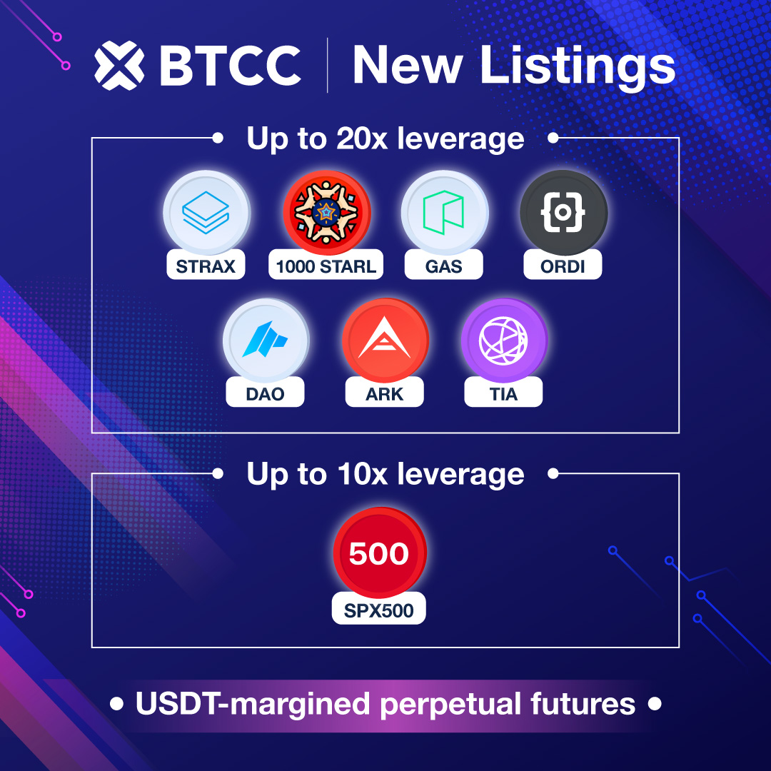 BTCC (@btccexchange) on Twitter photo 🤩New perpetual futures listed on #BTCCexchange this week:
$STRAX <a href="/stratisplatform/">Stratisplatform</a>
$STARL <a href="/StarLinkETH/">StarLinkETH</a>
$GAS
$ORDI
$DAO <a href="/daomaker/">DAO Maker</a>
$ARK <a href="/ArkEcosystem/">ARK.io</a>
$TIA <a href="/CelestiaOrg/">Celestia</a>
$SPX 🤩New perpetual futures listed on #BTCCexchange this week:
$STRAX <a href="/stratisplatform/">Stratisplatform</a>
$STARL <a href="/StarLinkETH/">StarLinkETH</a>
$GAS
$ORDI
$DAO <a href="/daomaker/">DAO Maker</a>
$ARK <a href="/ArkEcosystem/">ARK.io</a>
$TIA <a href="/CelestiaOrg/">Celestia</a>
$SPX