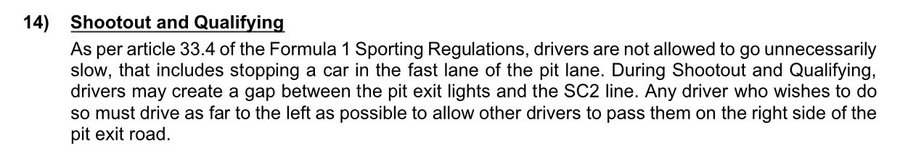 Intraverno's tweet photo. 📝 Interesting note from the Race Director to avoid what happened in Mexico.

⚠️ Drivers are not allowed to go unnecessarily slow or block the pit lane exit in Shootout and Qualifying.

🤔 Interesting to see how it works in a pit lane as long as Interlagos.

#F1 #BrazilGP 🇧🇷 https://t.co/NQtMdRgjUP