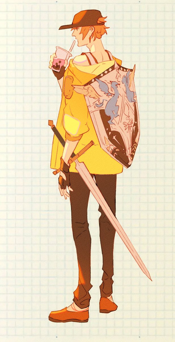 1boy male focus weapon sword hat solo bubble tea  illustration images