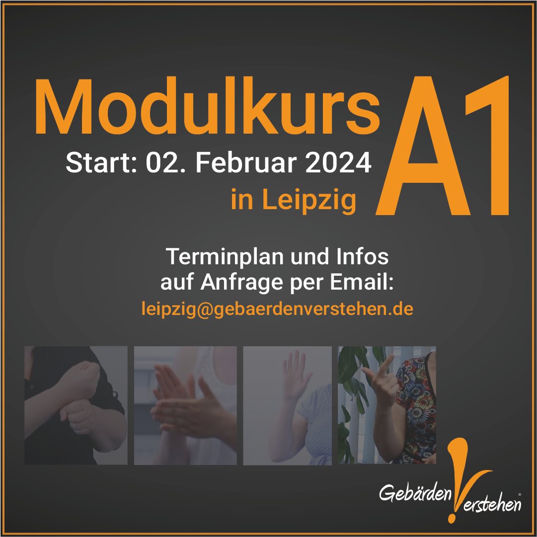 Ort: Heidelberg
Modulkurs DGS A1 beginnt am 02. Februar 2024.
Kurskennzeichen: 2024-HD-MK-A1
 
Ort: Leipzig
Modulkurs DGS A1 beginnt am 02. Februar 2024.
Kurskennzeichen: 2024-HD-MK-A1
 
 Mehr Info bei unsere Homepage: gebaerdenverstehen.de/sprachkurse/
