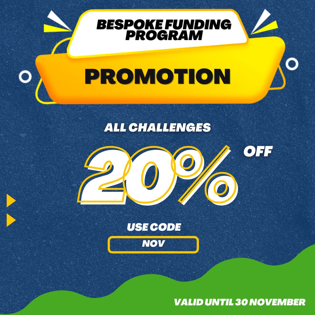TradeNoted_com's tweet photo. 🚨 November Promo By @Bespoke_Funding
⏰ Limited Time 20% Off On All Challenges!
Coupon Code: NOV
Get It Here >>> https://t.co/0H4jmSEYVm
#NovemberPromo #BespokeFundingProgram #PropFirm https://t.co/Vu4y0dbttq