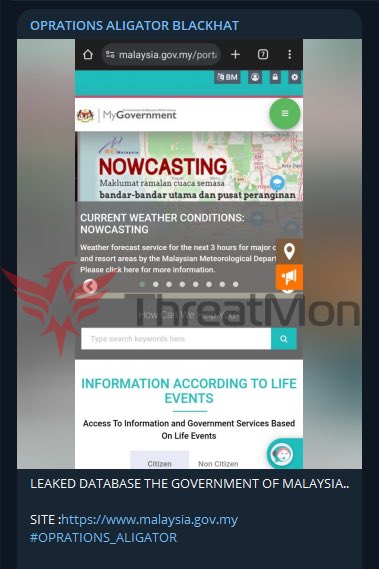 MonThreat's tweet photo. 🇲🇾 Malaysian Government Data Leak

A threat actor named "OPRATIONS ALIGATOR" allegedly leaked the Malaysian government database. A 135.1 MB data file was shared.

#Malaysian #Data #Leak https://t.co/CDJ3uGGomu