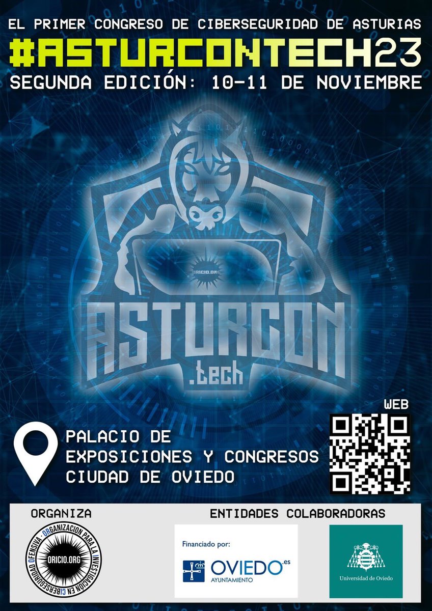 AsturCONtech's tweet image. 7️⃣ DÍAS PARA #AsturCONTech23 🔜

1️⃣0️⃣ y 1️⃣1️⃣ de noviembre, 2 días cargados de mucha ciberseguridad con charlas y talleres en el Palacio de Exposiciones y Congresos Ciudad de Oviedo 🧑🏻‍💻

Y simultáneamente el viernes en el Auditorio de la escuela de ingeniería informática de la…