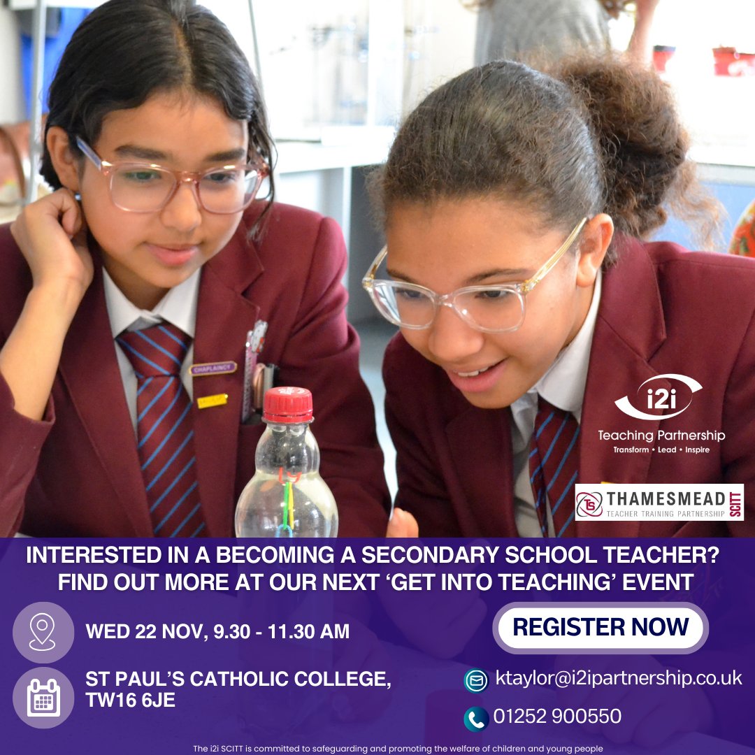 Are you interested in becoming a secondary school teacher?  Find out more at our Get into Teaching Information Event on Wednesday 22nd November at St Paul’s Catholic College, Sunbury, TW16 6JE from 09.30 am – 11.30 am.  Please see the flyer for further details. #getintoteaching