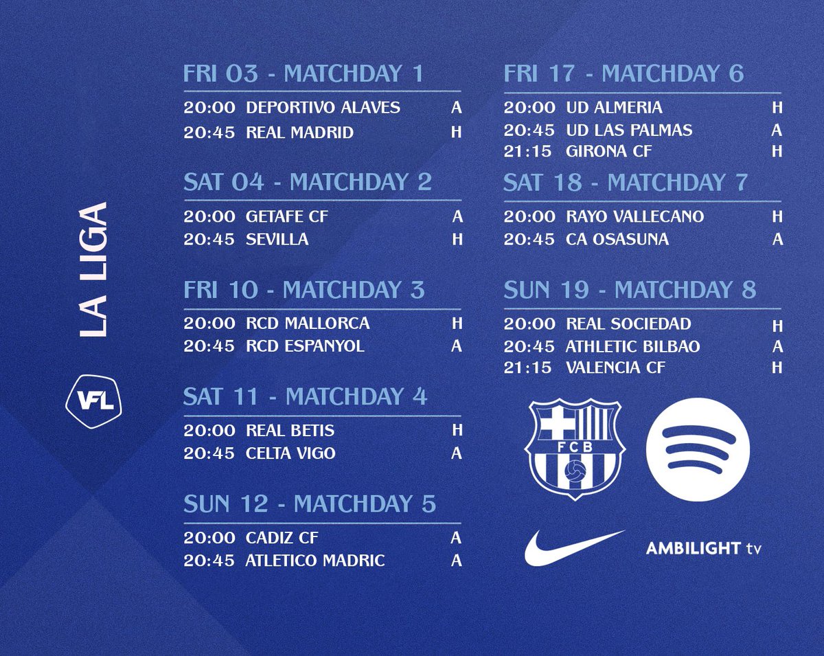 Our <a href="/TheVFL_/">VFL</a> La Liga fixtures this szn
.
🎨: <a href="/yarmology/">Fran 🍥</a> / <a href="/liamaj98/">liam</a>