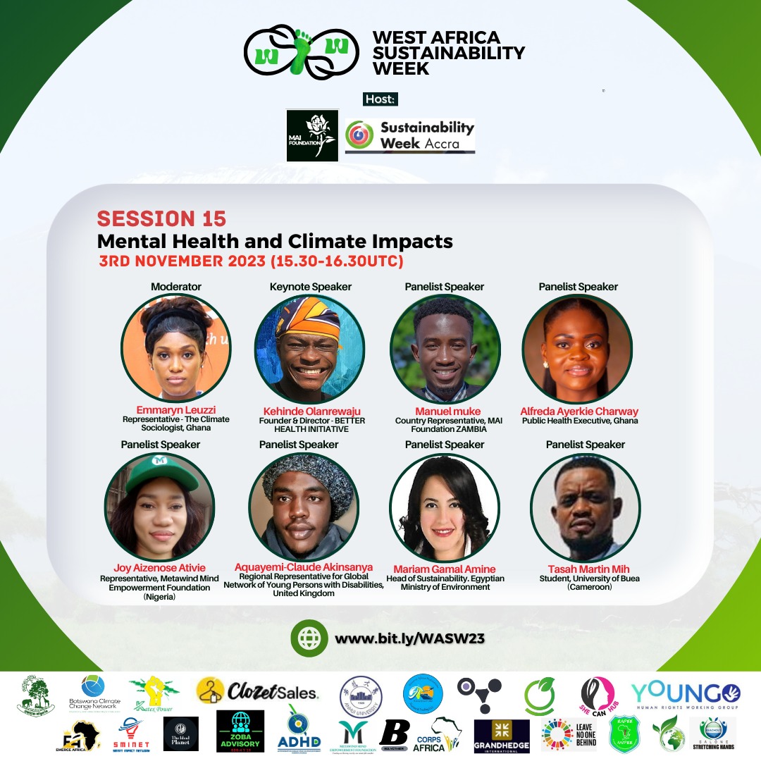 At the West African Sustainability Week, our speaker Tasah will discuss mental health and climate change this afternoon. This important event promotes sustainability and raises awareness of West African environmental challenges.
 #MAIFoundation #MentalHealth #ClimateChange