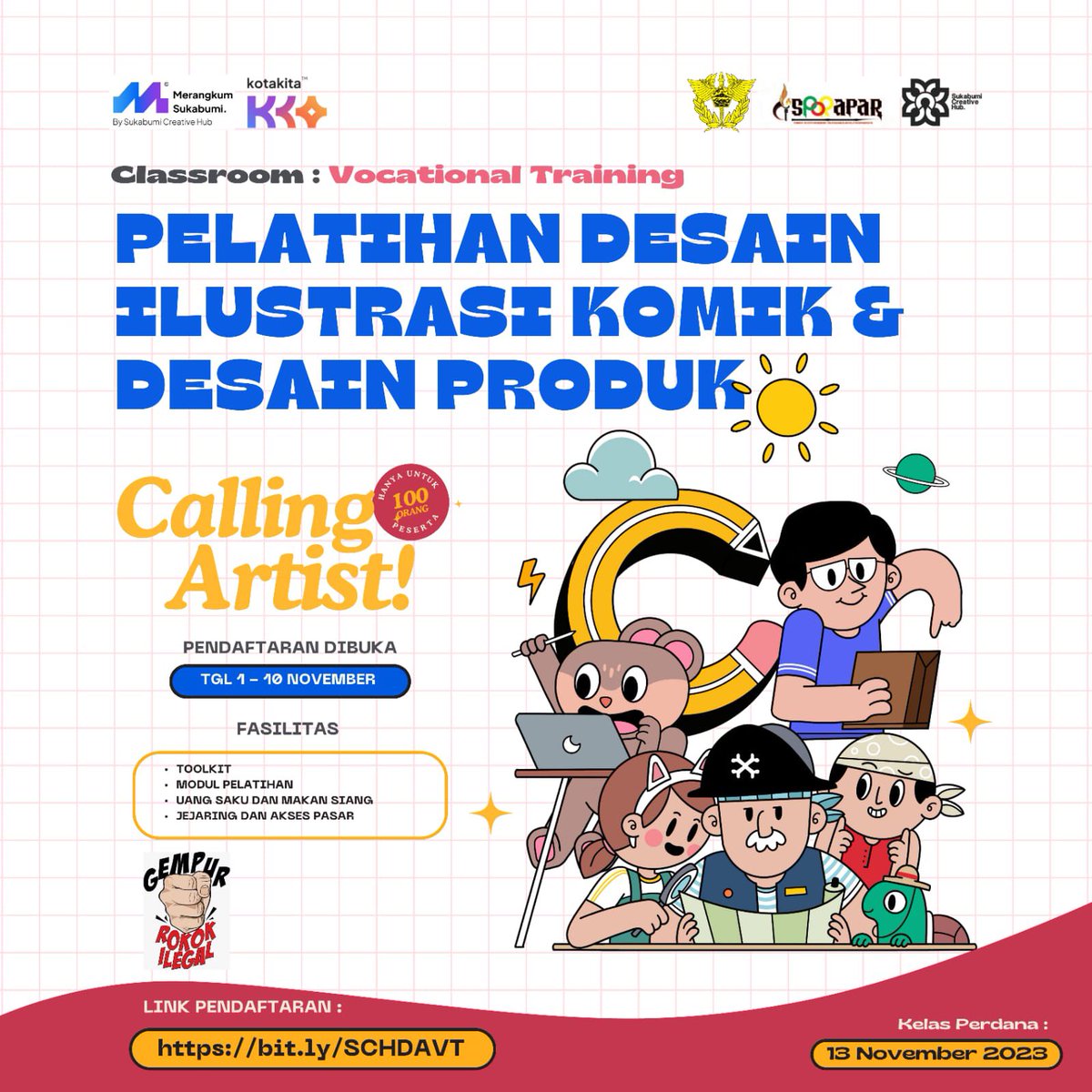 wargibumi's tweet photo. #info Pelatihan Desain Ilustrasi Komik &amp; Desain Produk pada bulan November ini. Bakal dpt pelatihan 3 hari, modul, toolkit, uang saku, snack + makan siang &amp; kejaring dan akses pasar. Daftar via https://t.co/kUnCcIMJuL sampai tgl 10 nov, kuota peserta terbatas! https://t.co/Yg3185QbPx