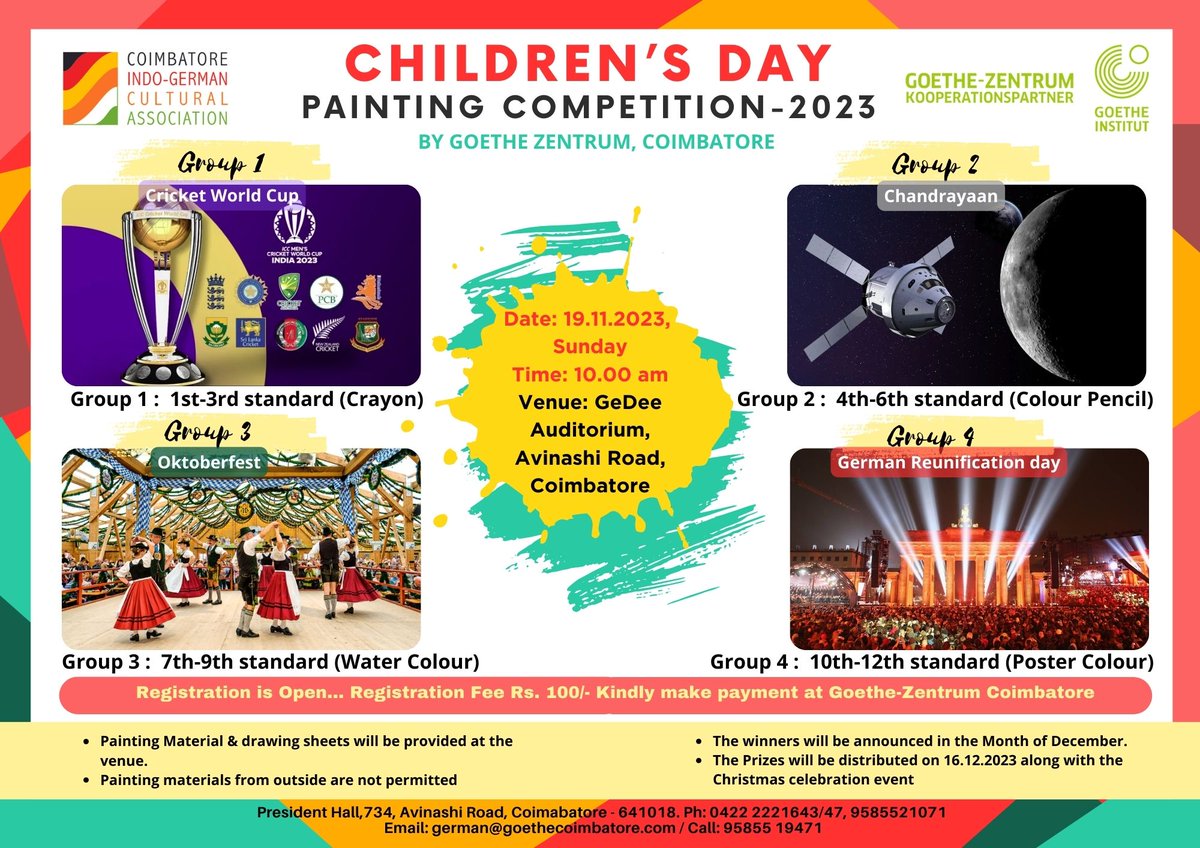 GoetheZentrum's tweet photo. Join us as we celebrate the spirit of Children's Day with a special competition!
🌟 Let the young hearts and minds showcase their talent and creativity. 🎨📚
.
.
.
.
#goethezentrumcoimbatore #paintingcompetition #childrensday https://t.co/jDbSAo1Jjf