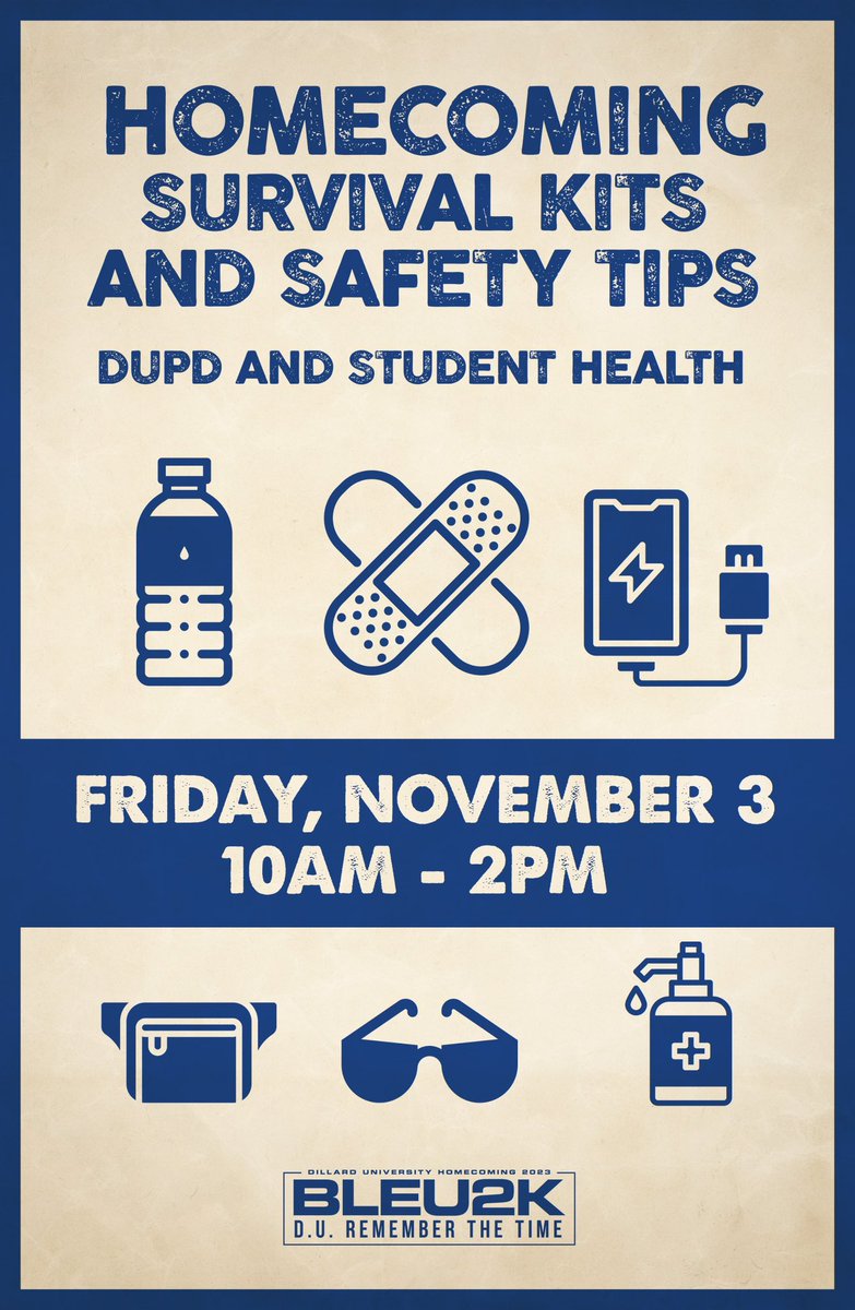 duCPT_1869's tweet photo. Psst.. the clock is ticking and Bleu 2k is upon us!🕑
Are 🫵🏽YOU prepared to relive those nostalgic vibes? ✨
Join CPT, DUPD and Student Health In Kearny Lounge today @10AM for survival bags and tips to amp up the fun while keeping you safe!
#Du27 #Du26 #Du25 #Du24
#Bleu2k https://t.co/iQoXf0WCfo