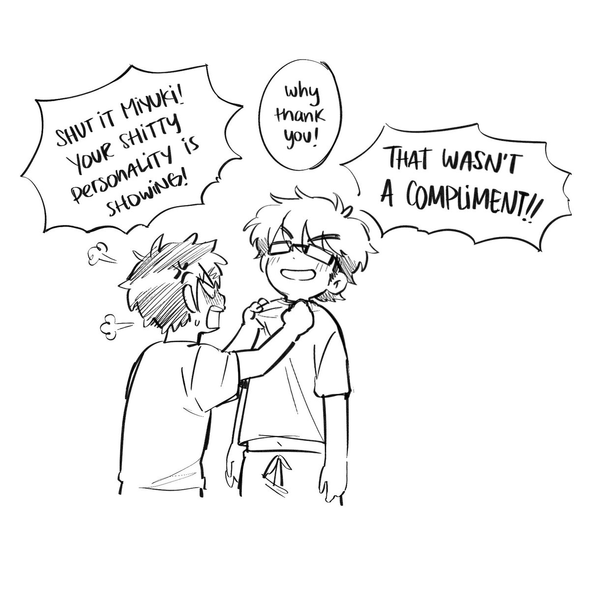 HAHA ANOTHER COMIC THING this might've been from a fic where they weren't on the same hs team but ended up together in college?? I drew these in like an hour they're so messy help