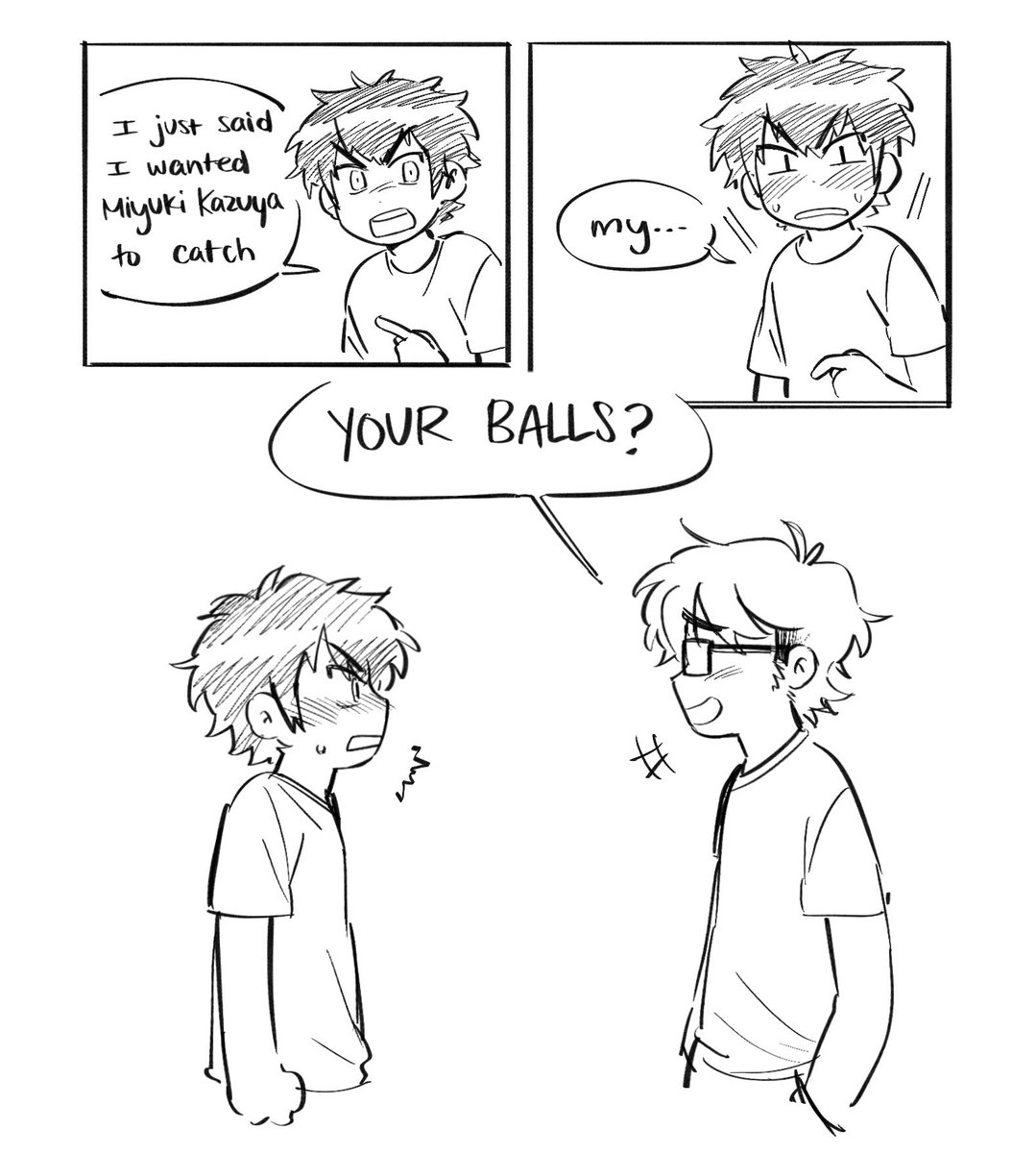 HAHA ANOTHER COMIC THING this might've been from a fic where they weren't on the same hs team but ended up together in college?? I drew these in like an hour they're so messy help