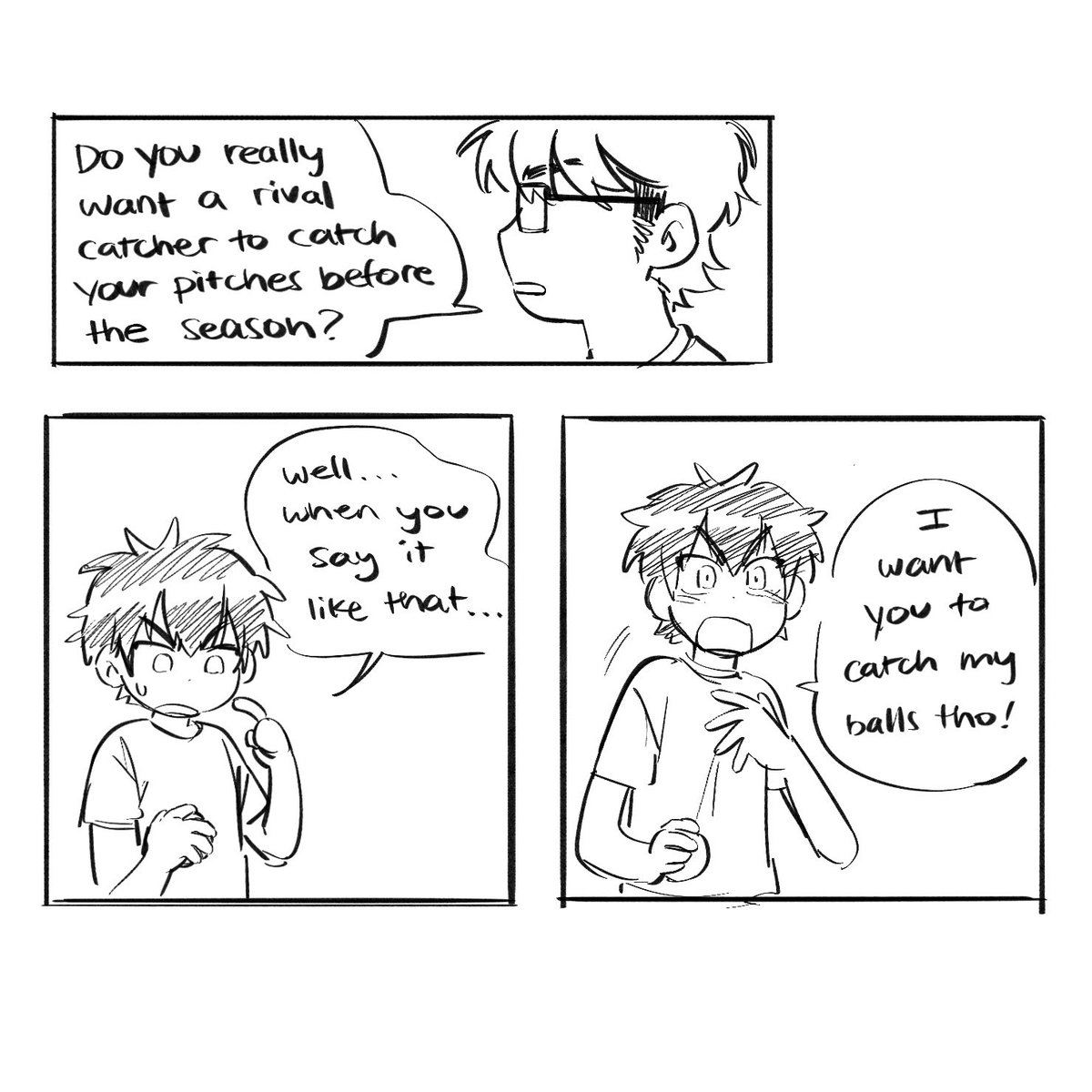 HAHA ANOTHER COMIC THING this might've been from a fic where they weren't on the same hs team but ended up together in college?? I drew these in like an hour they're so messy help