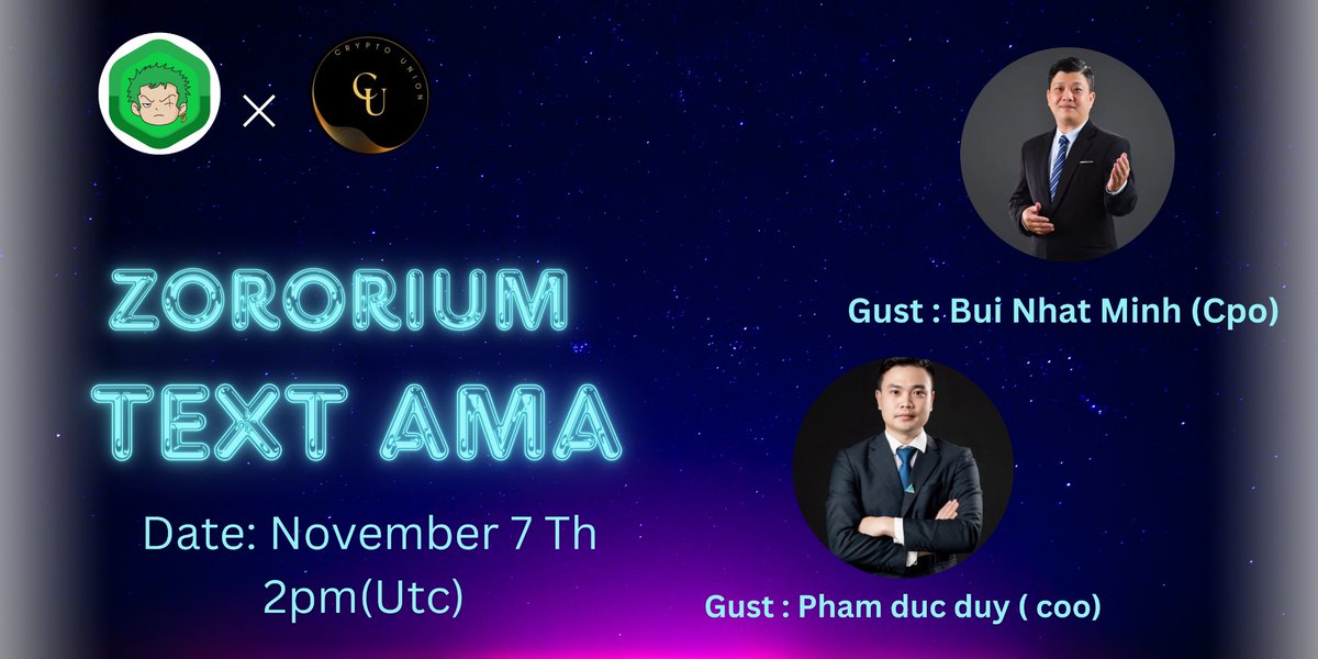 AMAHeadHunter's tweet photo. Crypto Union Will Host Text #AMA With  " @zorotokenio "  7 NOVEMBER at 2:00 pm UTC. 

🎁 Reward Pool : $100 ZRT

🏠 Venue  : https://t.co/L7EWq7Tk4E

Rules 
1️⃣.Follow: @CryptoUnionden 
2️⃣.Follow: @zorotokenio
3️⃣. Like, Retweet &amp; Send Your  Best Questions https://t.co/xScpvqVxgL