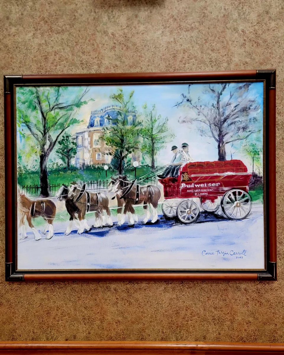 CarrieTergin's tweet photo. One of the most fun paintings I ever did, the Budweiser Clydesdales in front of the Governor's Mansion, purchased at the American Cancer Society auction by Joe Scheppers in 2003! Loved seeing it at West Side Business Association this morning in the Clydesdale Room. #MayorArtist https://t.co/AGoZ8PeedL