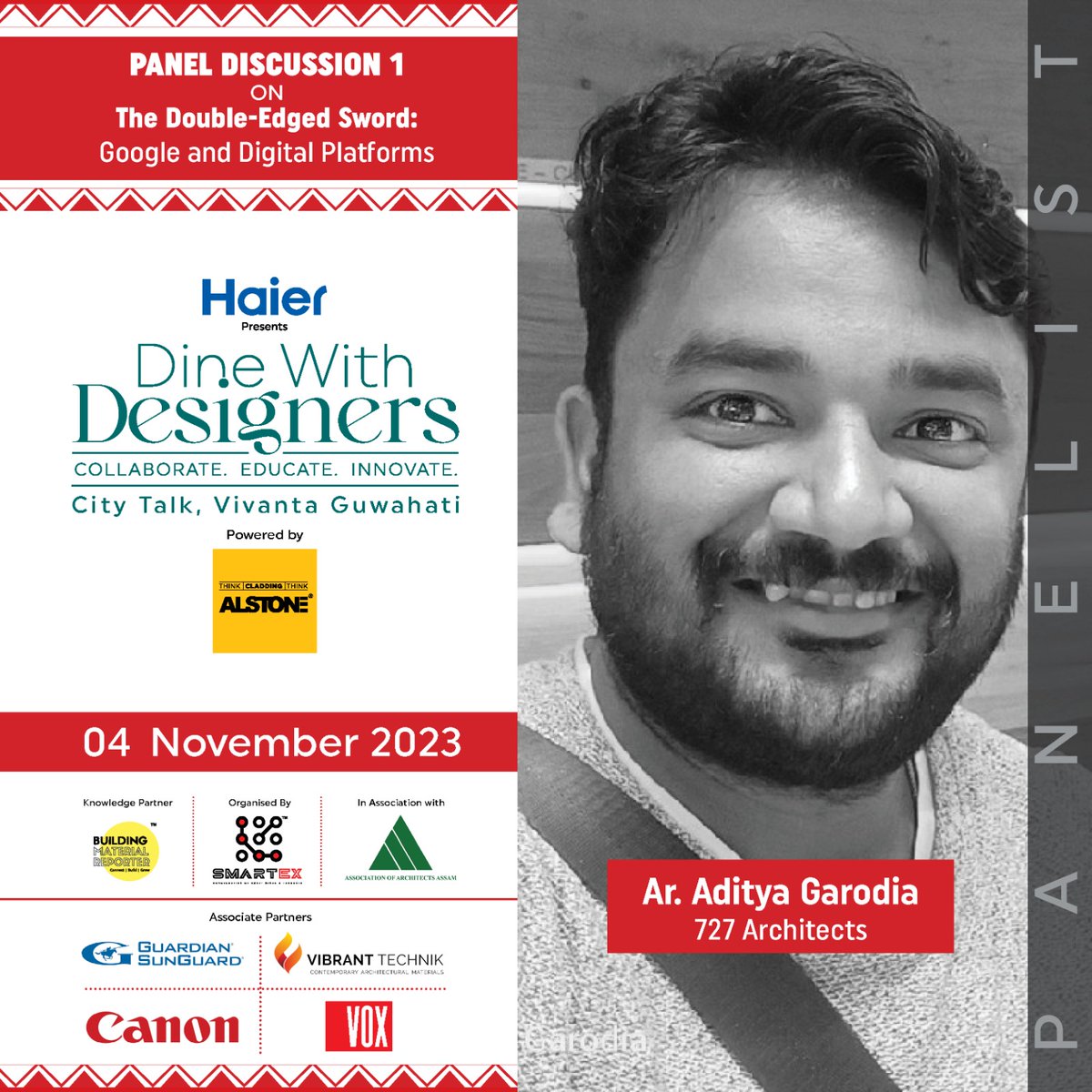 bmreporter's tweet photo. Ar. Aditya Garodia, 727 Architects, joins our panel on "Google & Digital Platforms" at Dine with Designers - Nov 4, Taj Vivanta Guwahati.
#smartex #bmr #architect #interior #design #designer #dinewithdesigner #vivanta #events #gujaratguardian #vox #haier #cannon #alstone https://t.co/lINWLO65Nv