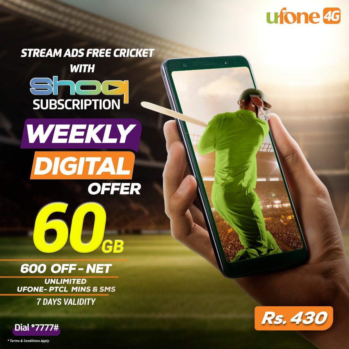 Ufone's tweet photo. Stream Ads Free Cricket with SHOQ subscription via Weekly Digital Offer
*Terms and conditions apply.
#Ufone4G #TumHiTouHo #Shoq #WeeklyDigitalOffer https://t.co/JE5JMZgUqE