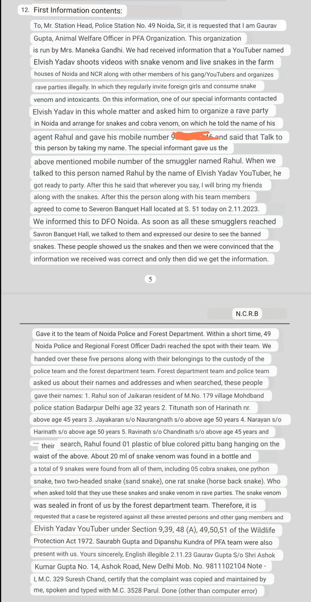 zoo_bear's tweet photo. FIR against Youtuber #ElvishYadav and his 5 associates.  Rahul, Titunath, Jayakaran, Narayan, Ravinath are currently in custody. 
According to the FIR, 20 ml of Snake venom, 9 poisonous snakes were found from them ( 5 cobra, 1 python, 1 two-headed snake, 1 Rat Snake). According to FIR copy it is alleged that they use snakes and Snake venom during Rave parties. It was @Manekagandhibjp's NGO who trapped & followed up the entire case. #ElvishArmy #ElvishYadav𓃵 #Elvishaians