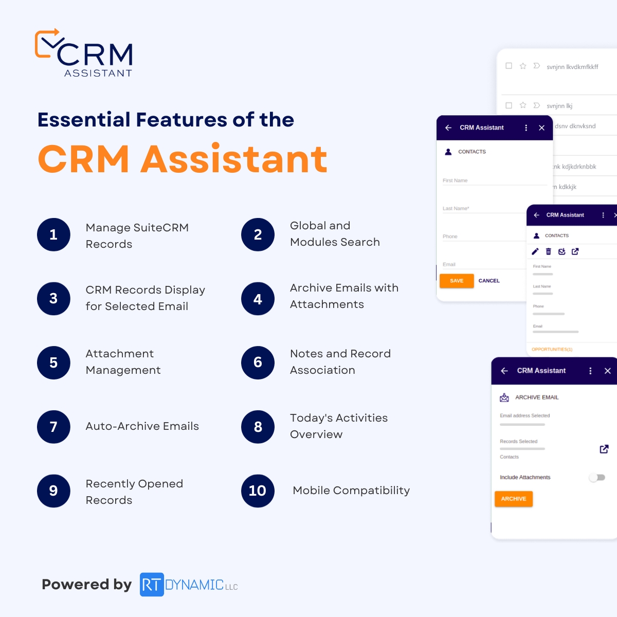 rt_dynamic's tweet image. Enhance your SuiteCRM experience with CRM Assistant for Gmail™, enabling seamless integration for improved efficiency and a better user experience.

#CRMAssistant #SuiteCRM #Integration #UserExperience