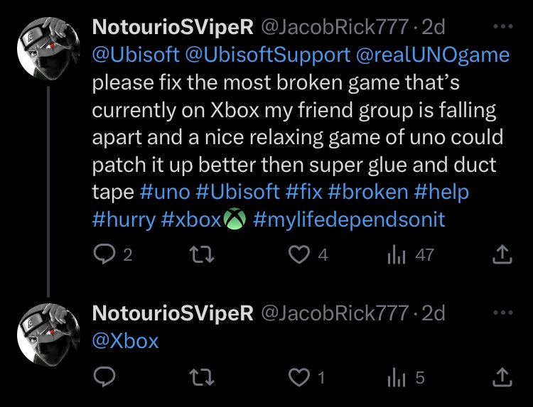 JacobRick777's tweet photo. I seen you guys tried with the series X/S update…. you fixed the infinity load glitch but I’m still very not able to play with my friend group. we’re simply unable to load into each others games @UbisoftSupport @realUNOgame @Ubisoft @Xbox @XboxSupport HELP PLEASE! 🙏 https://t.co/jrBMEDHdMp