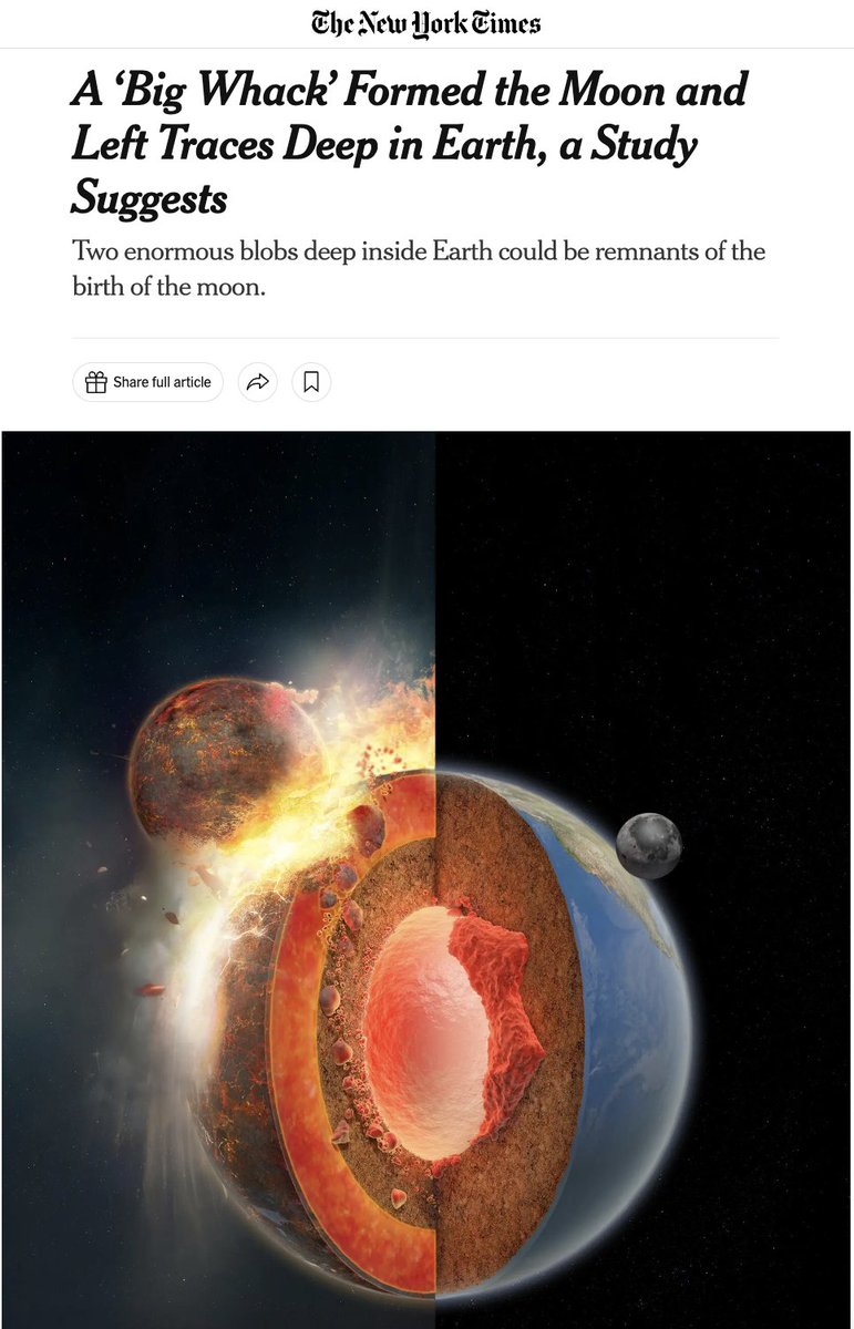 VelikovskyBook's tweet photo. A stunning piece from the @nytimes about a study on the moon's origins bearing striking resemblances to theories put forth by Immanuel #Velikovsky.
A thread🧵
"A ‘Big Whack’ Formed the Moon and Left Traces Deep in Earth, a Study Suggests"
1/11
(full article linked below) https://t.co/up4w6Q13Ye