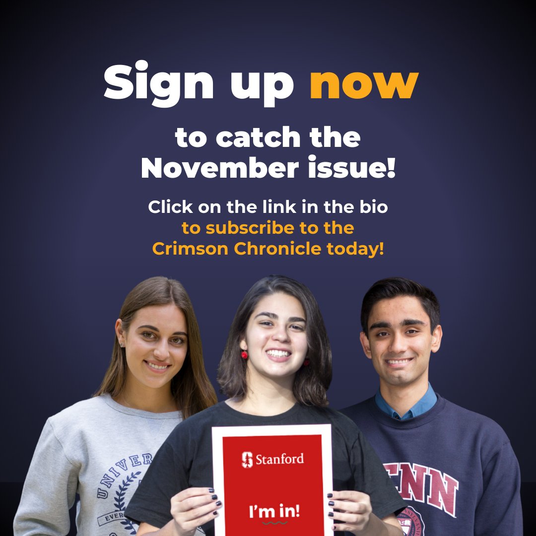 CrimsonEdu's tweet image. Time to level up! 🚀

Subscribe to the Crimson Chronicle now to receive our November issue. Link below. 🔗

#crimsonchronicle #collegeapptips #collegeadmissionstips #crimsoneducation crimsoneducation.org/crimson-chroni…