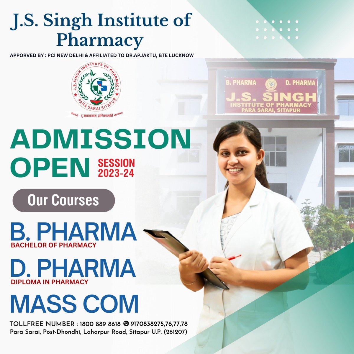 Admission Open💉💊
Session:- 2023-24
J. S. Singh Institute of Pharmacy Sitapur
TOLLFREE :- 1800 889 8618
Contact :- 9170838275, 76, 77, 78
#Admission #pharmacy #parasarai #pharmacycollege #institute #AdmissionsOpen #admissions2023 #pharmacistlife #pharmaceutical #drugs